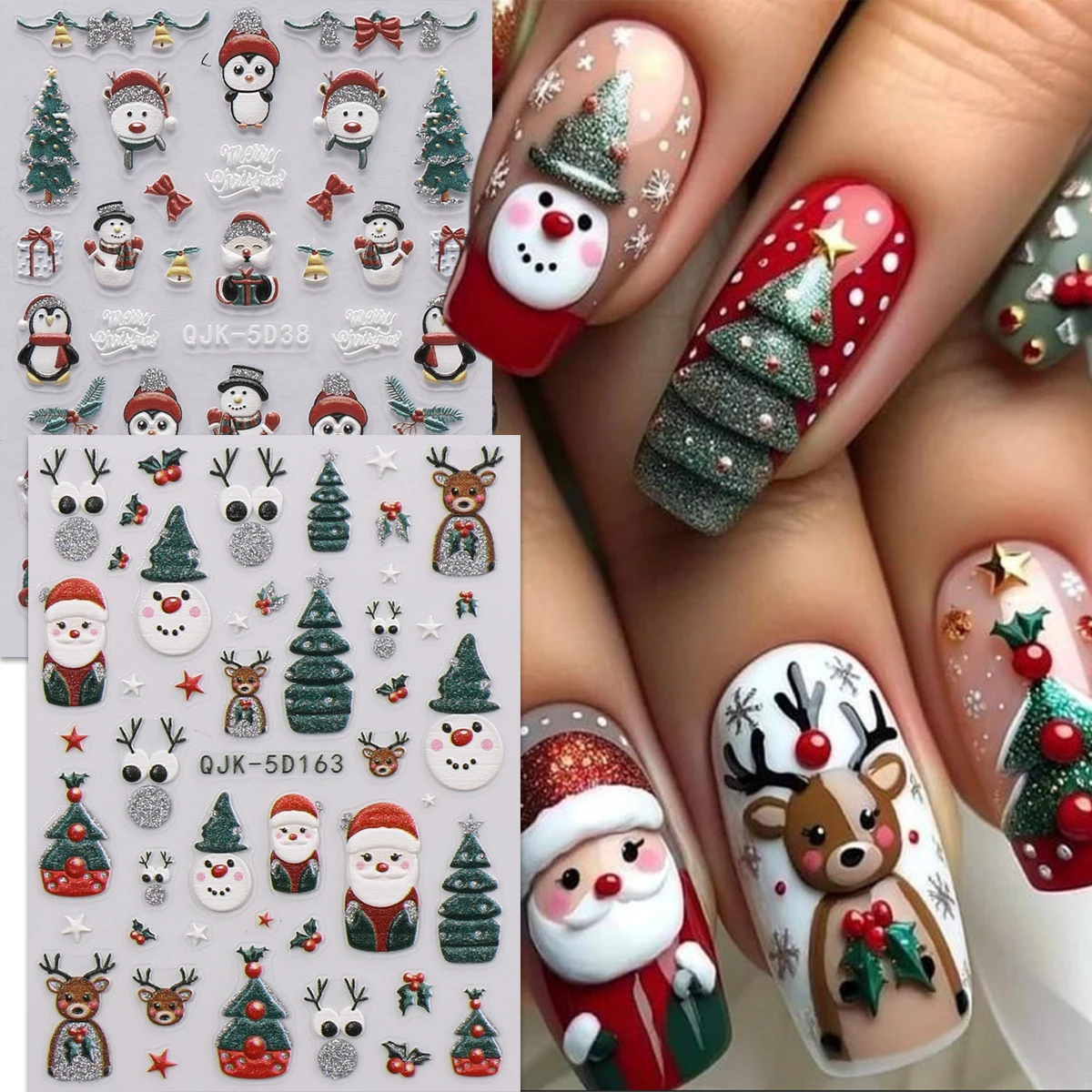 2 Stück weihnachtliche geprägte Nagelkunst-Aufkleber, süßes Cartoon-Thema, einfach aufzutragende Nageldekoration, DIY, Geschenk, Party-Make-up-Look, Y2K