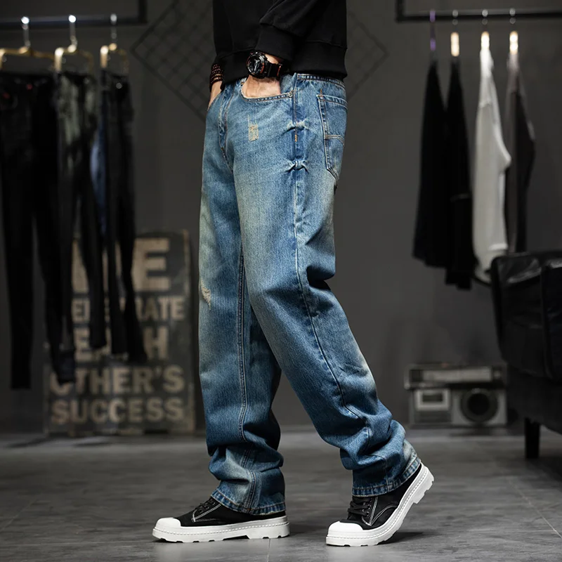

Men's Wide Leg Straight Cut Thi Jeans Loose Fit Autumn Winter Long Trousers Harajuku Sle Dyeing Sprang Monkey Hand Rubbing