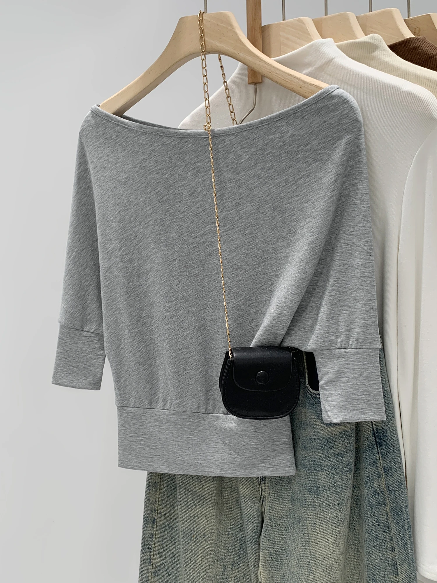 Slimming Effect Loose Fit Five-Quarter Sleeve T-Shirt Women's Style Korean Commute Fashion Casual Youthful Design Cotton Blend