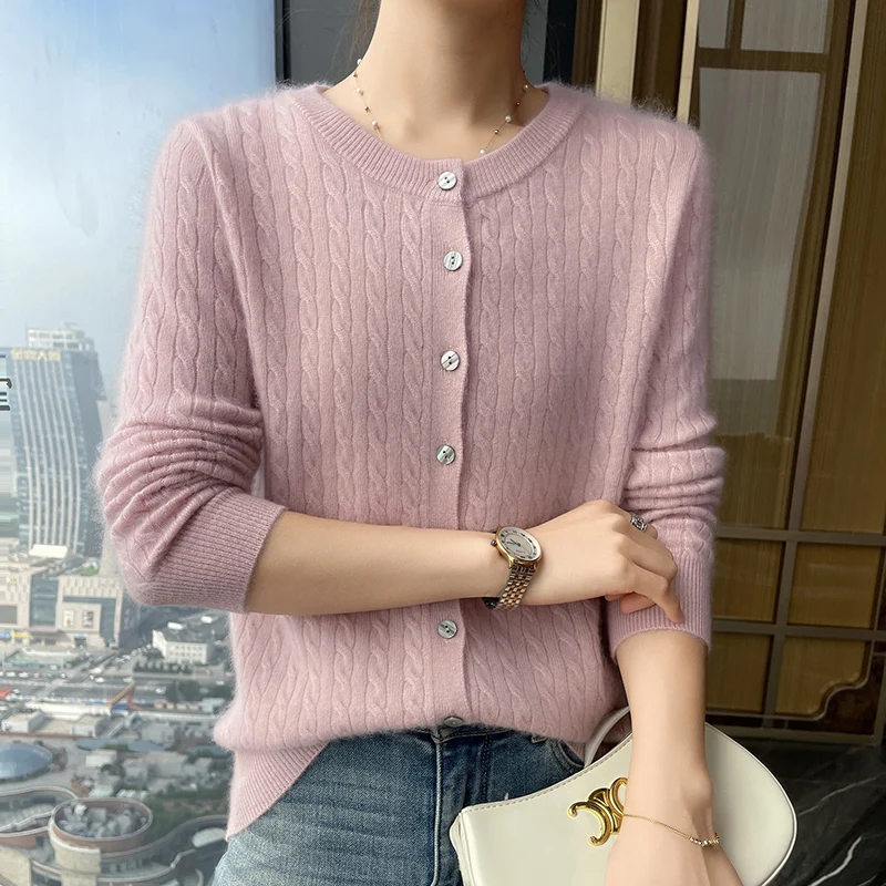 

100% Ccashmere Cardigan Sweater Women Autumn And Winter Round Neck Long Sleeve Casual Joker Fashion Warm Cashmere Knit Top.