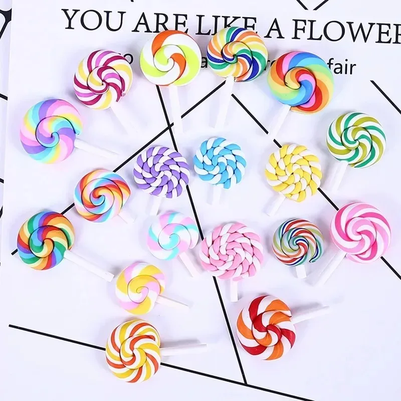 10pcs Rainbow Spiral Candy Polymer Clay Flatback Cabochons, Cute Lollipop Mini Ornaments for Phone Decoration DIY Craft Supplies