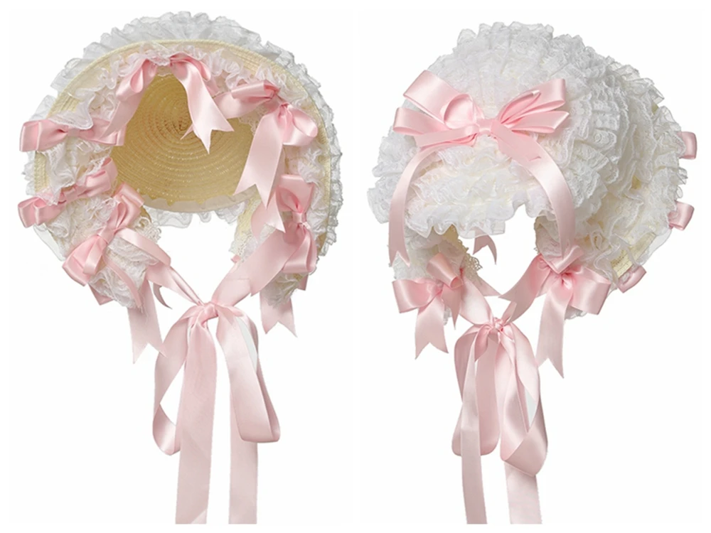Cappello a tesa larga in pizzo Lolita multicolore Cappello piatto da donna elegante con fiocco in pizzo Bnt Cappello di paglia dolce vittoriano per feste