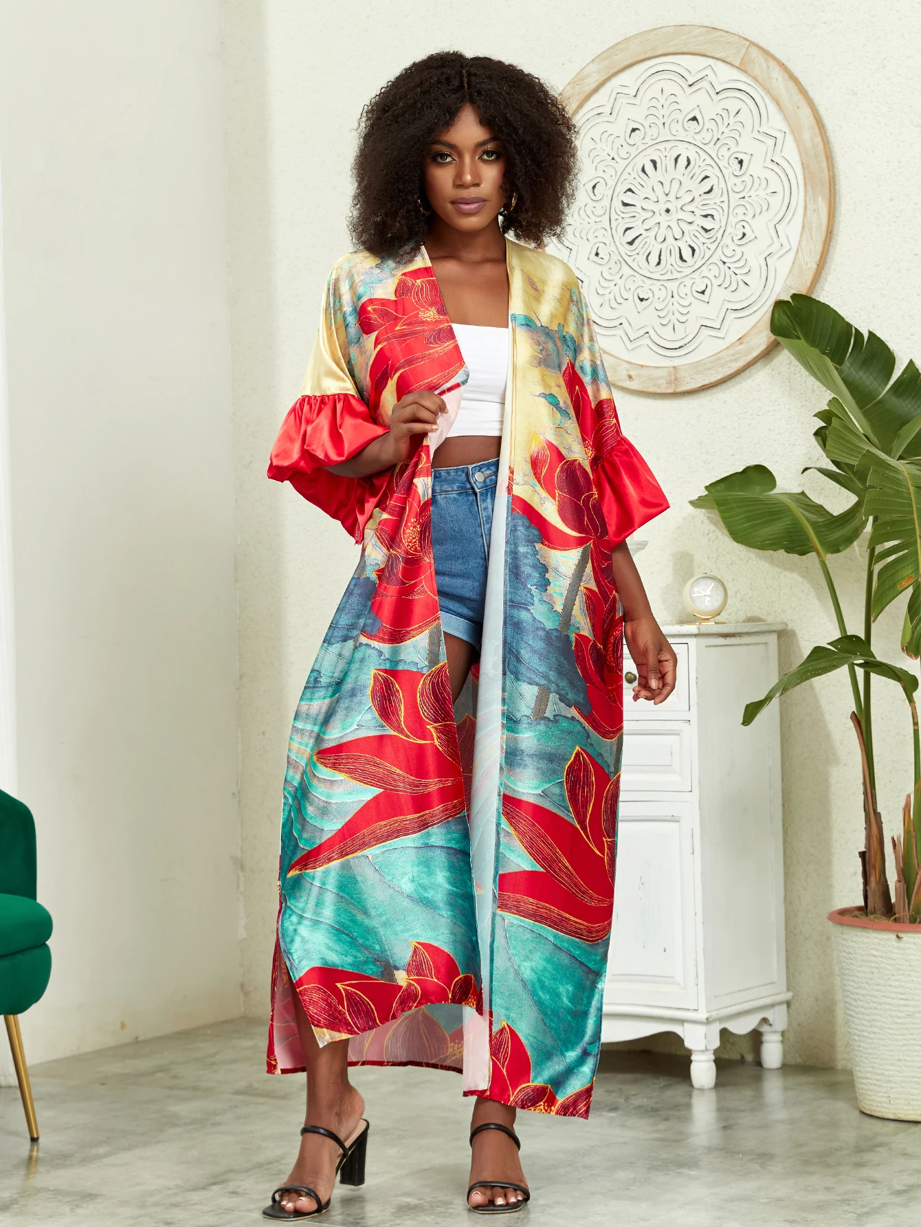 Plus Size Boho Kimono, damskie Plus nadruk lotosu kontrastowe wiązanie z długim rękawem z odkrytym przodem Kimono