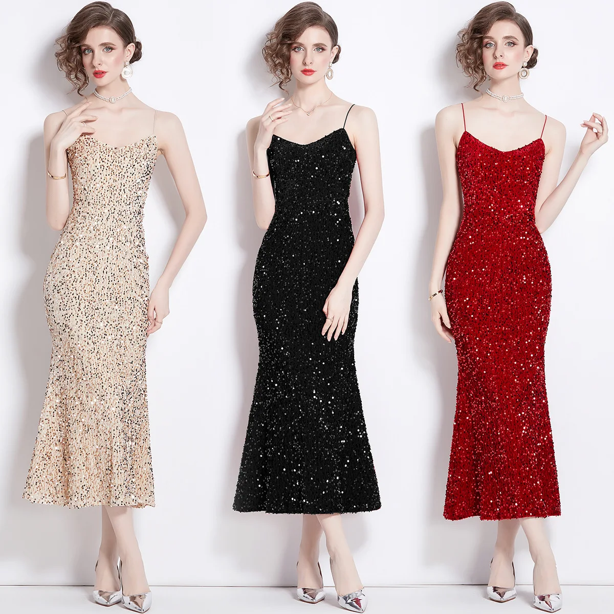 Retro sequins light luxury elegant evening dresses high waist show thin bag hip sling long dress 24020