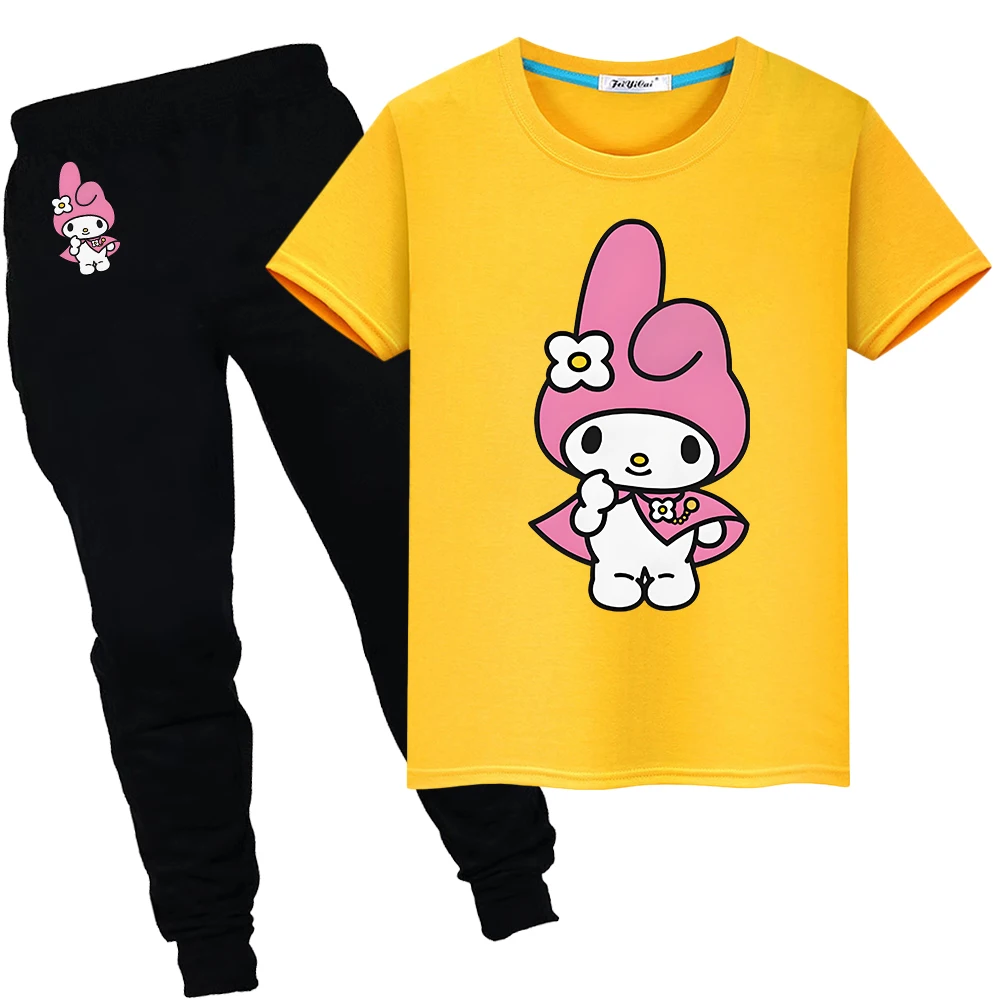 Melody Print 100%Cotton T-shirt Sports Sets Short+pant Kawaii Anime Tshirts Cute Sanrio  boy girls clothes kids boutique clothes