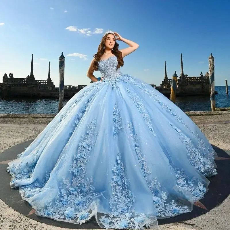 ที่กําหนดเองSky Blue Ball Gown 15 ปีQuinceaneraชุด 2025 โบว์Appliquesหวาน 16 ชุดราตรี