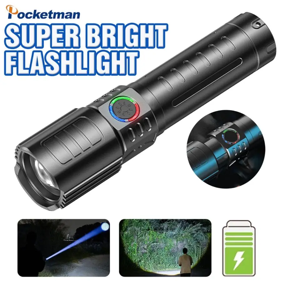 

Powerful LED Flashlight 3 Modes Super Bright USB Rechargeable Flashlights Telescopic Zoom Torch Long-Range Emergency Light