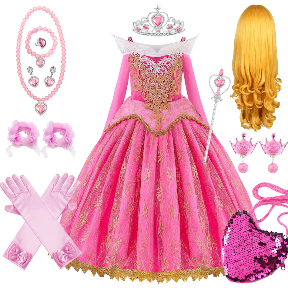 Girls Sleeping Beauty Aurora Princess Dresses Halloween Cosplay Costume Off Shoulder Kids Fancy Party Children Clothing 4-10 Yrs