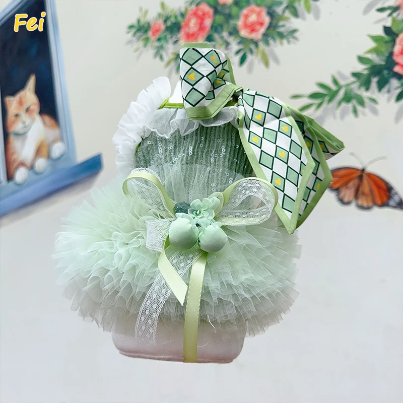 

Lovely Pet Dog Clothes Summer Sping New Blue Green Sequin Lace Tutu Dresses For Small Medium Dog Chihuahua Puppy Home Wear XS-XL