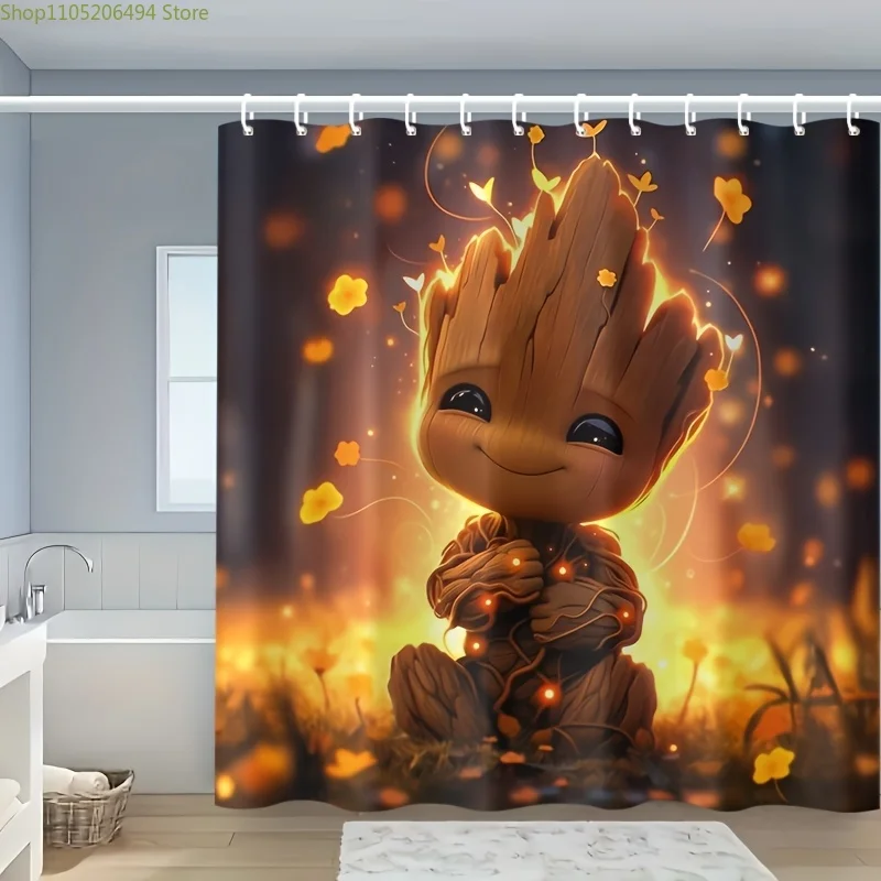 

1 шт. занавеска для душа с изображением Грута и крючками - причудливый мультяшный дизайн, полиэстер, можно стирать в машине, всесезонный декор для ванной комнаты для дома