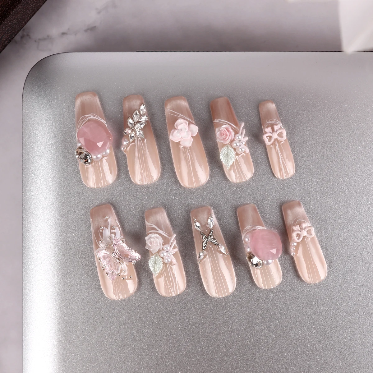 مجموعة شبه منحرفة طويلة مكونة من 10 قطع من أظافر الفتاة الجميلة، متينة وآمنة، اضغط على الأظافر، ملصقات أظافر #2