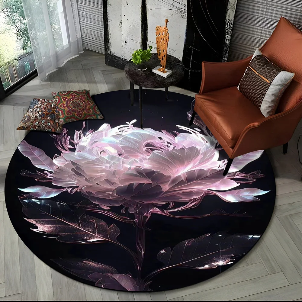 3D Luxury Flower Rose Daisy Nordic Round Carpet Rug for Living Room Bedroom Child Playroom Chair Decor,Pet Area Rug Non-slip Mat