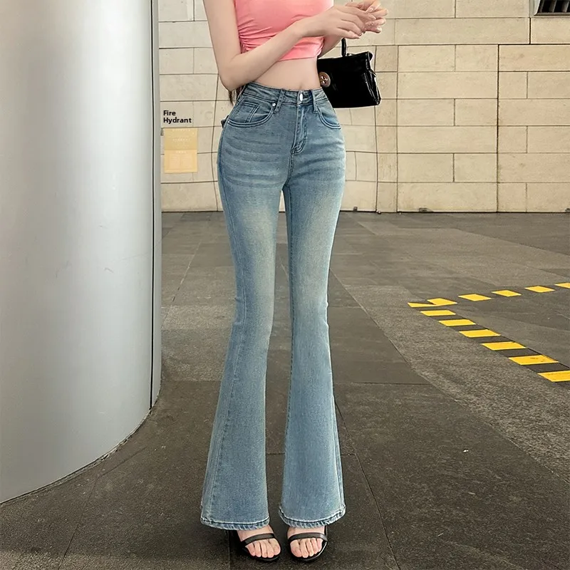 

Джинсы-клеш Slim Fit с высокой талией, подчеркивающие ягодицы, светло-голубые, из эластичного хлопкового денима, женские, модные, весна-лето