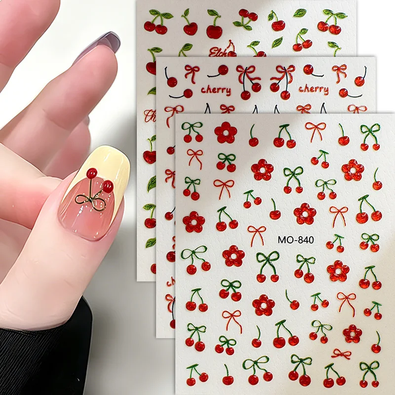 

1 шт. милые наклейки для ногтей с красными вишнями, 3D-стикеры с бантиками и фруктами, самоклеящиеся, для накладных ногтей, DIY декор для маникюра