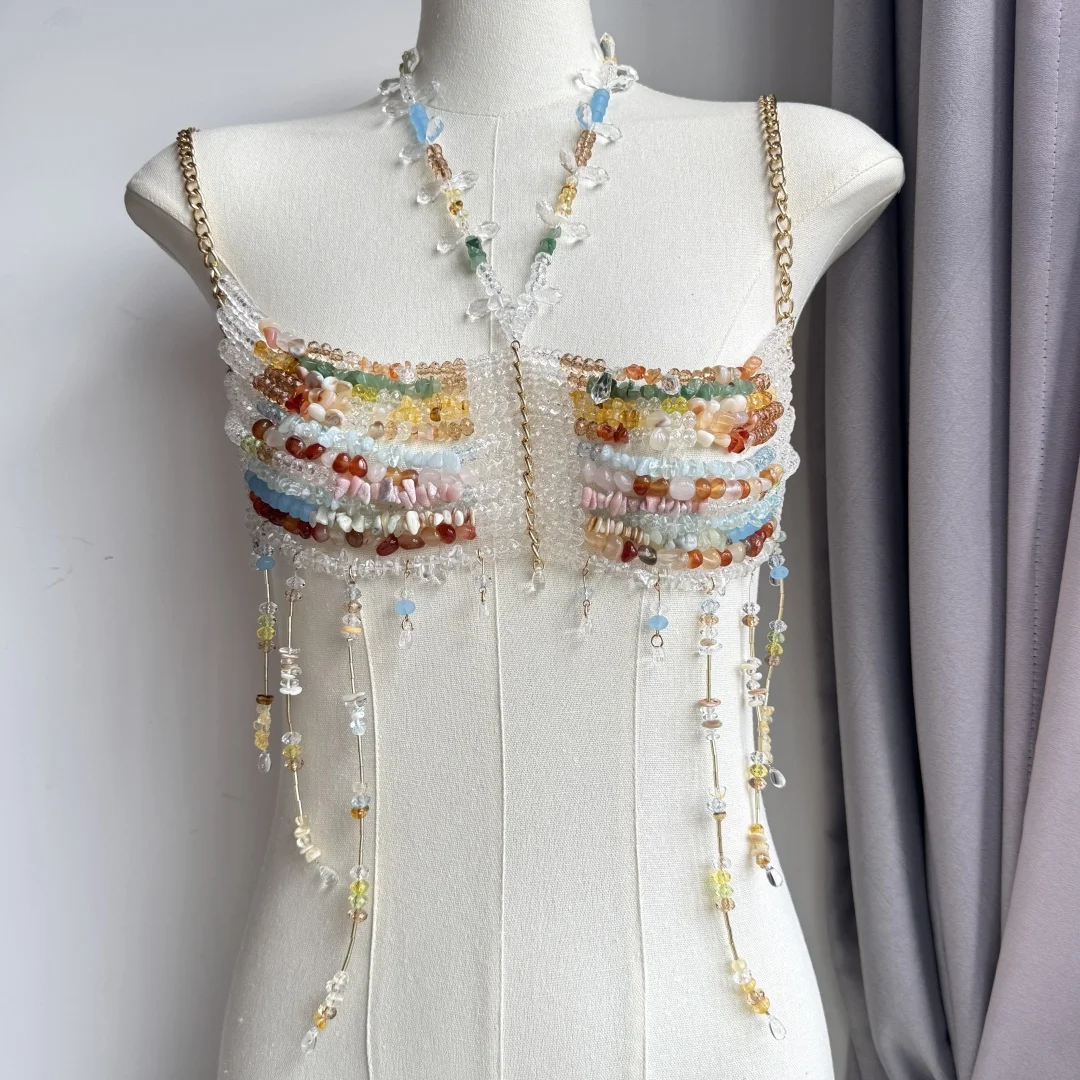 

Handmade Crystal Bra Halter Gemstone Layered Lingerie Harness Bralette Beaded Women Party Vest Neck Transparent Bridal Beachwear