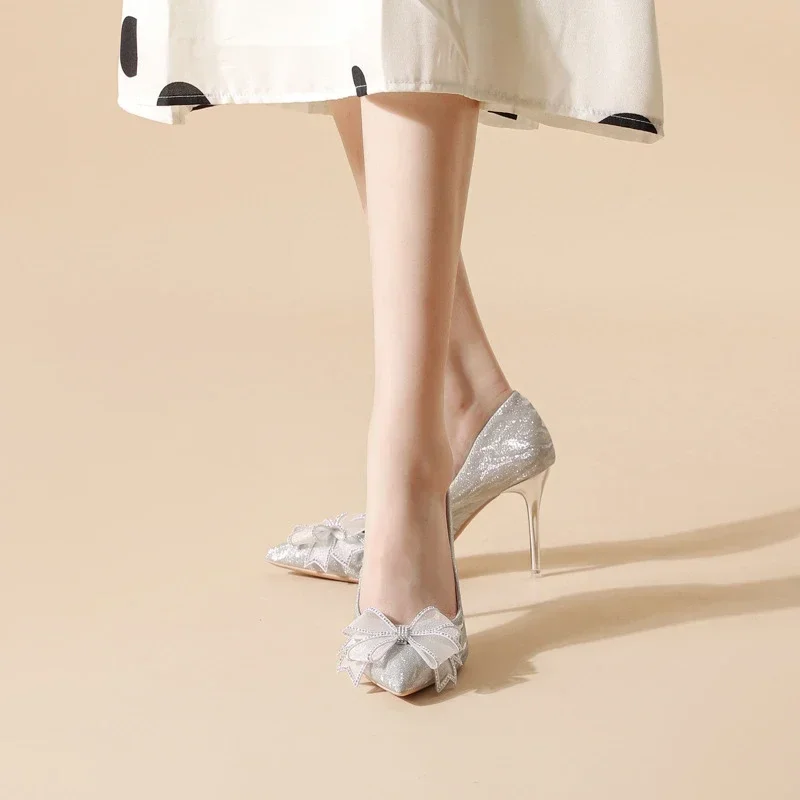 2023 New French Crystal Red-soled High-heeled Shoes with Silver Bow and Ladies' Bride Shoes