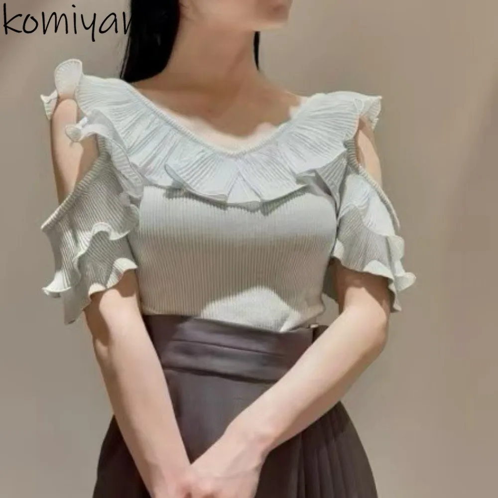 ปิดไหล่แขนสั้น Roupas V คอ Ruffles Ropa Mujer หวานถักเสื้อผ้าผู้หญิงเสื้อผ้าใหม่เสื้อผ้าวัยรุ่น