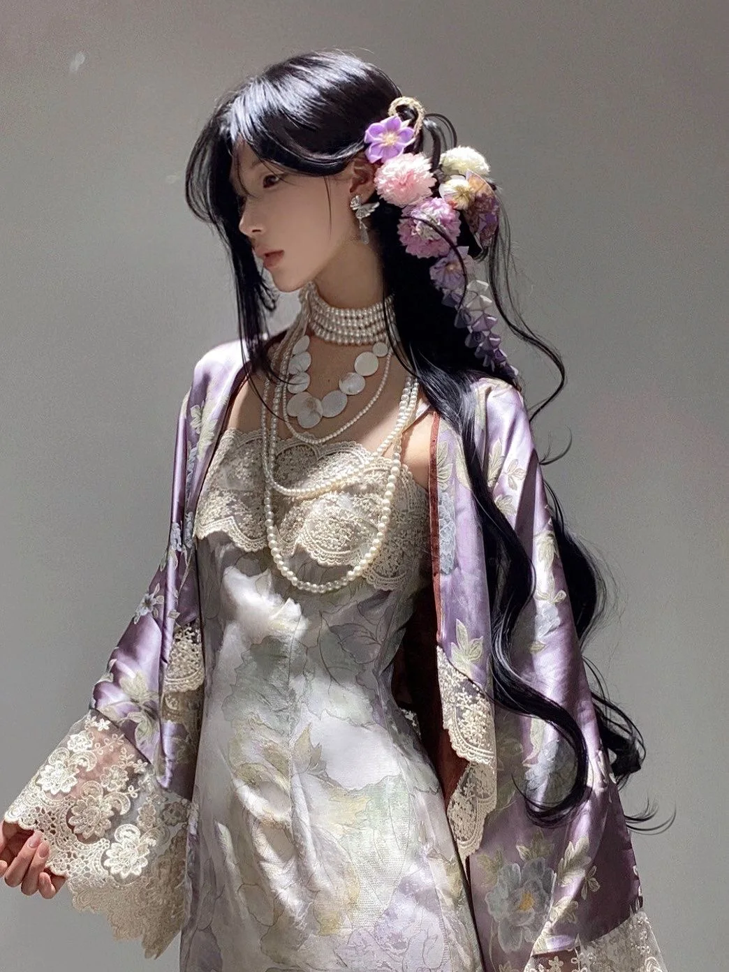 

New Chinese Style Heavy Embroidery Lace Splicing Strap Dress Elegant High-End Feelings Open Cardigan Two-Piece Set plus Size