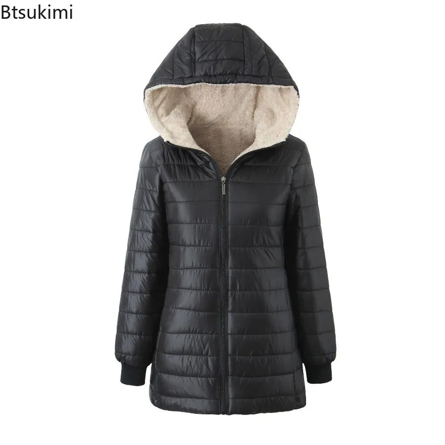 2025 New Autumn and Winter Korean Style Mid-length Hooded Cotton Coat for Women Lambswool Warm Cotton Coat and Velvet Jacket Top