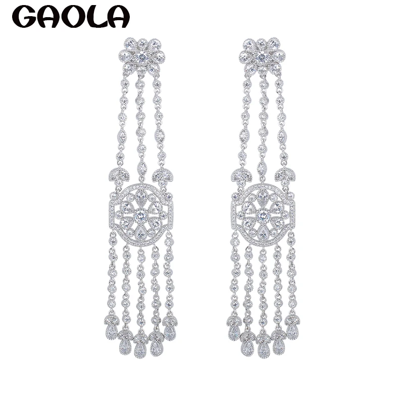 

GAOLATrendy New Design Luxury Jewelry Long Crystal Silver Color Earrings For Women Wedding Accessories Vintage Style GLE5392