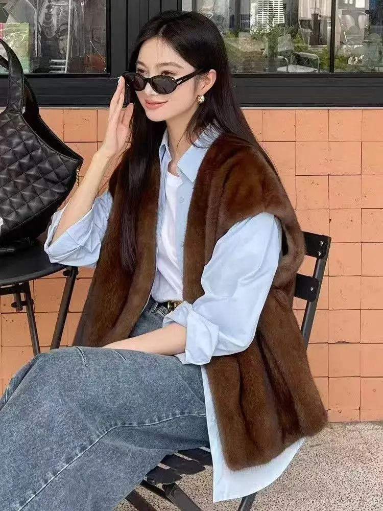 2025 outono e inverno feminino pele do falso recortado colete sem mangas feminino outerwear chique topos moda colete de pele quente