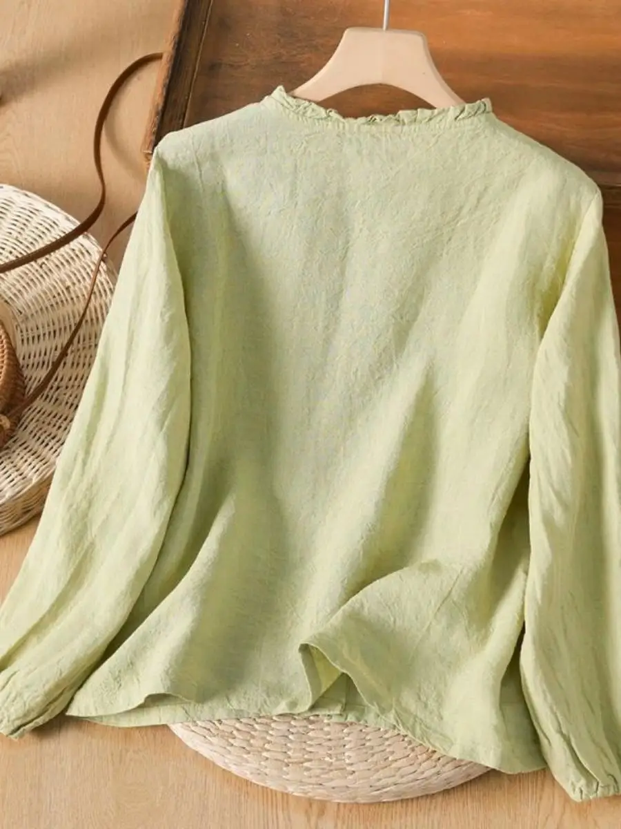 Retro Style Cotton Linen Long Sleeve Shirt Pure Color Earlobe Collar Women's Autumn New Artistic Pure Color Retro Style Shirt