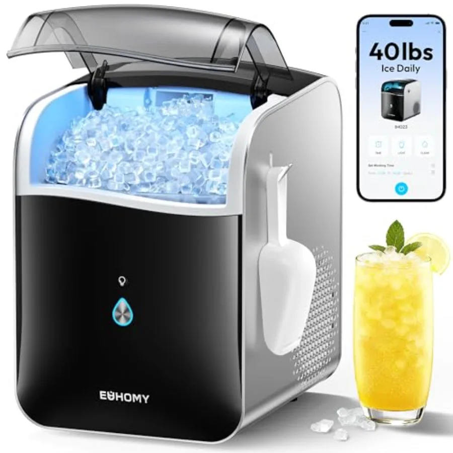 Countertop pebble ice maker for home/office use, stainless steel body, silver color, 40lbs/24H output, ready in 7 mins, APP/Ale