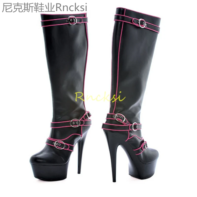 

15cm High-heeled shoes with high black waterproof platform women's new super high-heeled elastic boots with tube stilettos