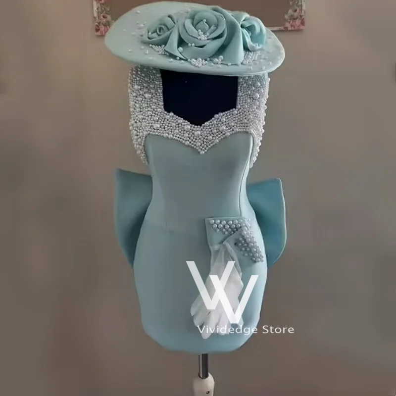 Customized Mini Beaded Cocktail Dress Luxurious Women’s V-neck Sky-blue Short Backless Bow Formal Occasions Party Dress
