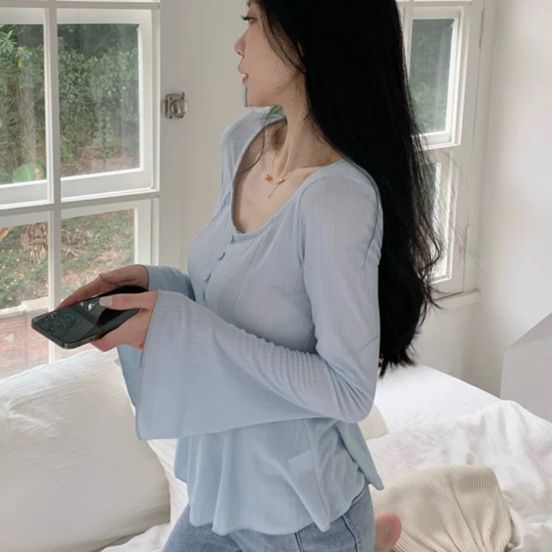 Shirts Women Elegant Vintage Ruffles Design Literary Summer Thin Flare Sleeve Korean Style Female Solid Slim Tops Sexy Popular