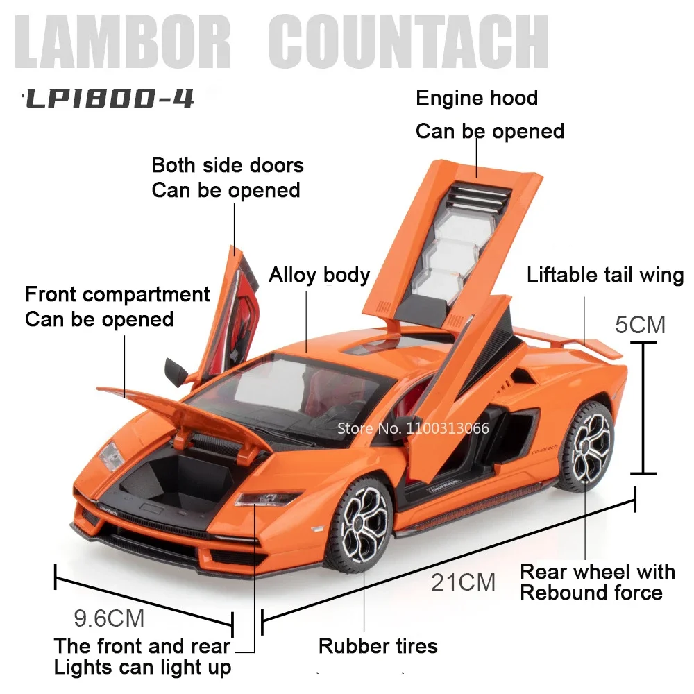 1:24 Sports Car Countach LPI800-4 Miniature Model Toys Alloy Diecast Pull Back 2 Doors Opened Sound Light Collection Cars Gifts