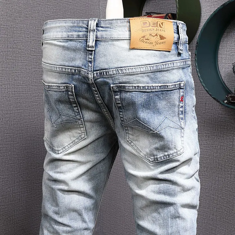 Fashion Vintage Men Jeans Retro Washed Light Blue Elastic Slim Ripped Jeans Men Embroidery Patched Designer Denim Pants Hombre
