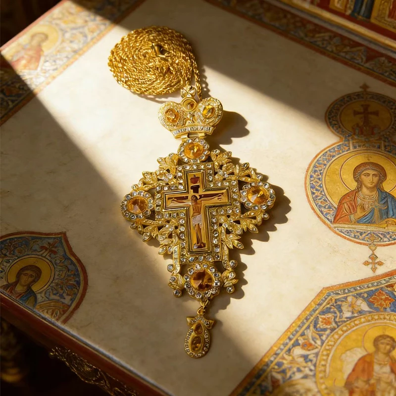 Handcrafted Gold Orthodox Priest Cross Necklace Yellow Gem Accent Pectoral Crucifix Pendant For Church Liturgy And Collection
