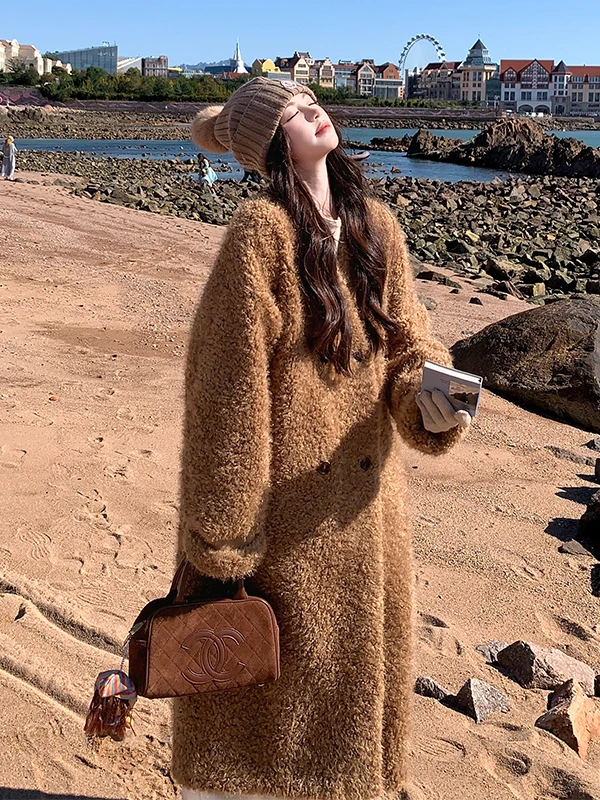 

Caramel Color Lamb Fur Jaet Women's Long Thi Warm Fluffy Outerwear Korean Sle Commute Straight Tube Long Sve Coat