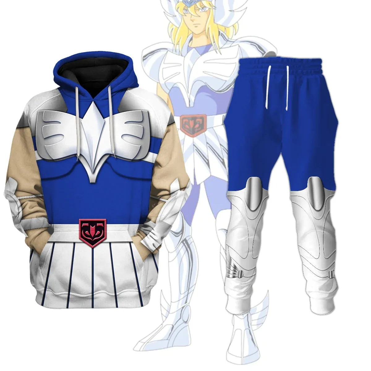 Conjunto de Sudadera con capucha y pantalones con estampado de Saint Seiya para hombres, chándal de calle Harajuku para niños, trajes deportivos de