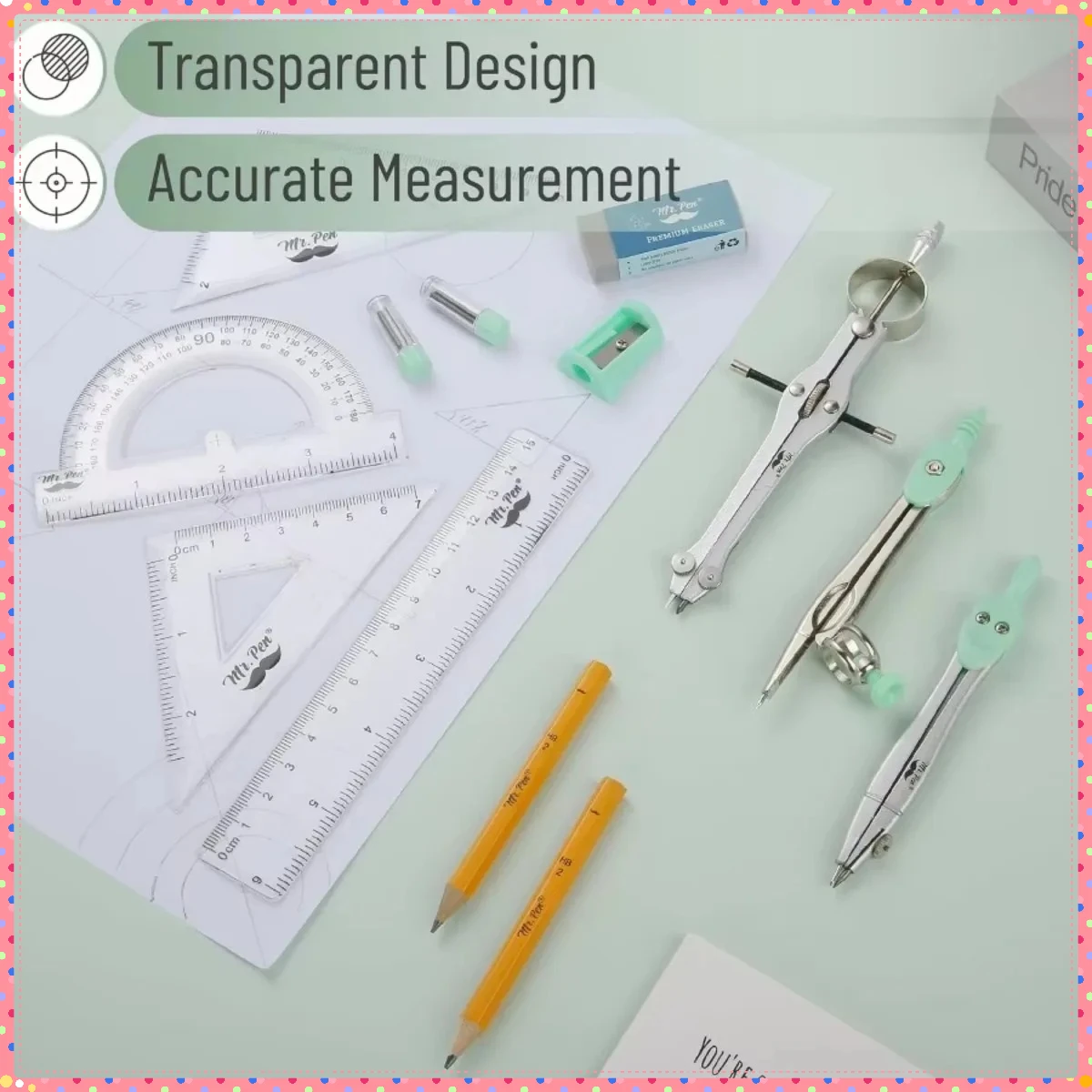 مجموعة هندسية مقاومة للكسر: مجموعة مكونة من 13 قطعة باللون الأخضر النعناعي مع بوصلة دقيقة للرياضيات. مثالية للطلاب