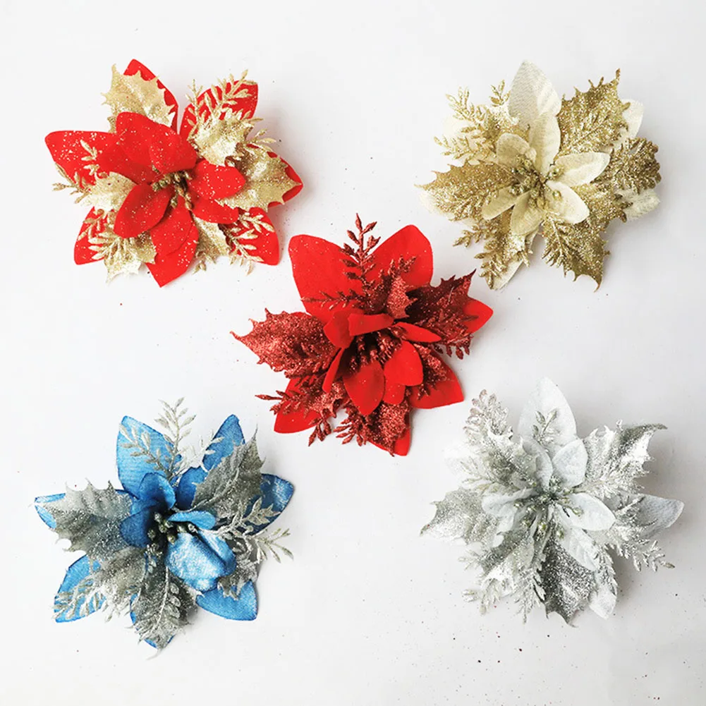 1pc 15cm Christmas Artificial Poinsettia Glitter Flower Xmas Tree Flower Head For Home Decoration Navidad New Year 2025