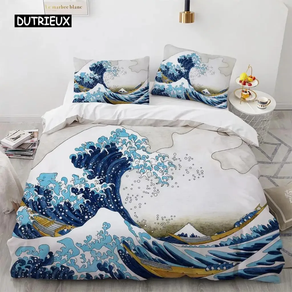 Wave Duvet Cover Set Hokusai Pattern Japanese Ukiyoe Quilt Cover Oriental Sketch Style Ocean Queen Twin Polyester Bedding Set