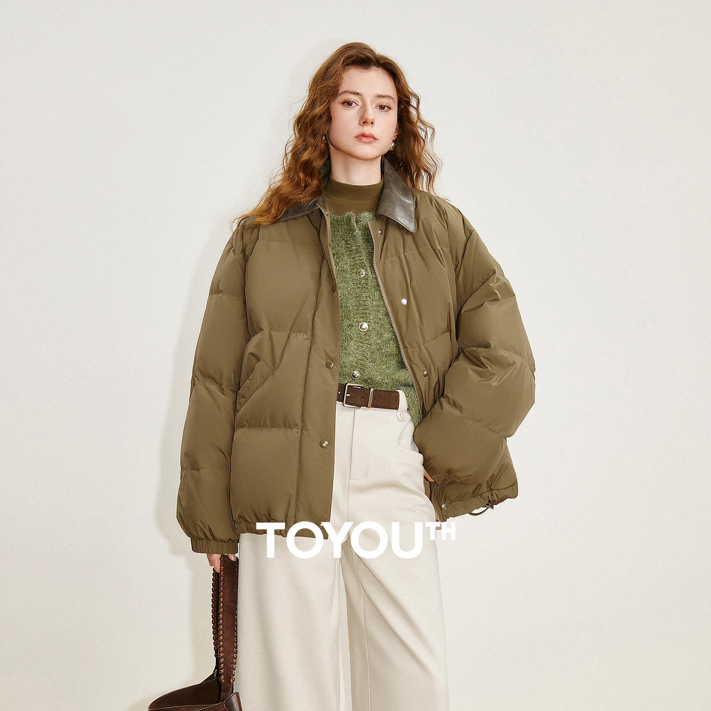 

TOYOUTH Women 90% White Duck Down Jacket 2025 Winter New Barn Style Spliced Leather Collar Thicking Wark Short Coat