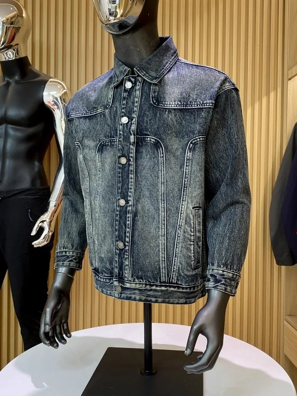 

Джинсовая куртка с свободным повседневным воротником в стиле ретро для мужчин, осенняя новинка, длинная светящаяся молодежная верхняя одежда