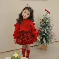 Autumn winter girls Christmas sweater handmade ball ball children's red sweater holiday red pullover New Year's greeting sweater