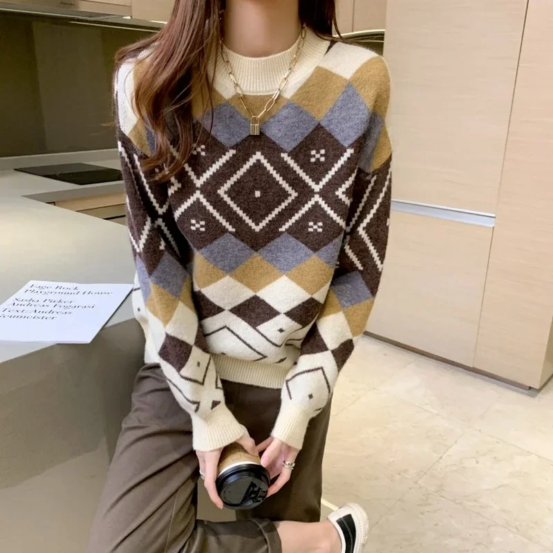 Roter Argyle Strick pullover Frauen O-Ausschnitt lose lässige Pullover Herbst Winter Mode warme Langarm Freizeit Strick pullover