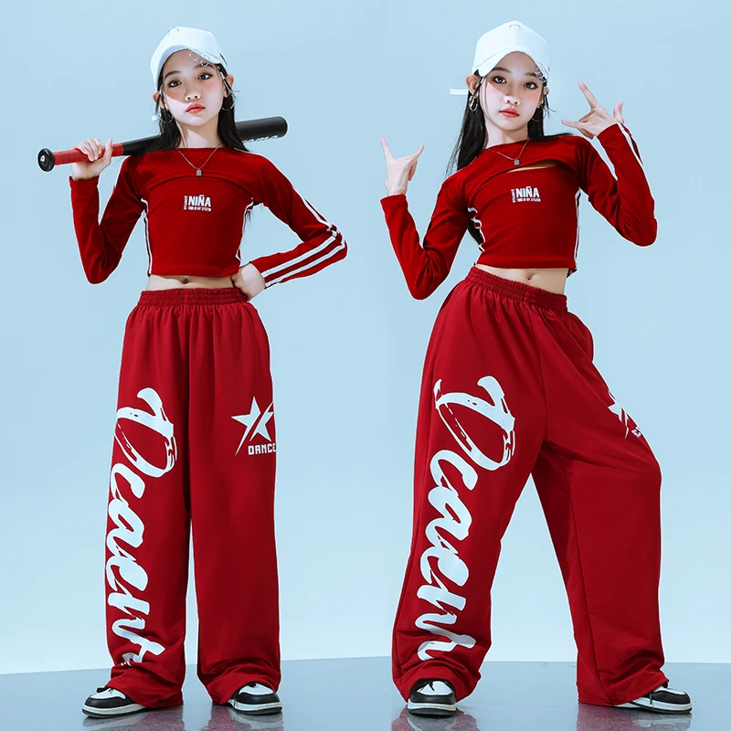 Girls K-pop Letters Crop Shirt Cargo Pants Boys Hip Hop Street Dance Coat Clothes Sets Child Streetwear Kids Teens Jazz Costume