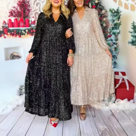 เดรสทรงเอไลน์สำหรับผู้หญิง กระโปรงบานใหญ่ แต่งเลื่อม จับจีบ คอวี แขนยาว ความยาวระดับกลางน่อง เดรสยาวสำหรับงานพรอม งานเดท งานเลี้ยงอย่างเป็นทางการ