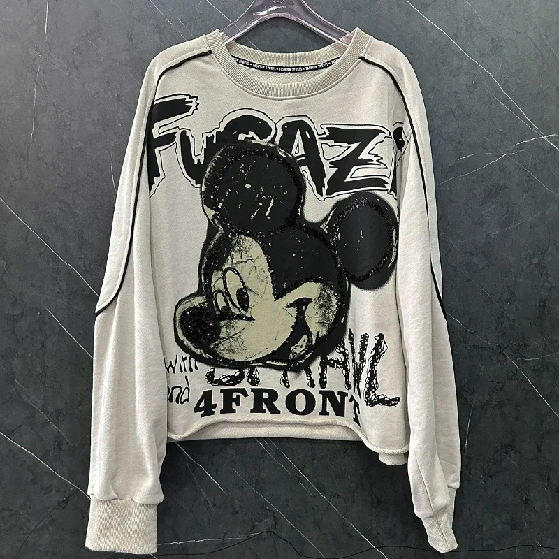 2024 Spring and Autumn New Sequin Printing Cartoon Crew Neck Long Sleeve Sweatshirts Women Loose Sweet Versatile Pullover Tops