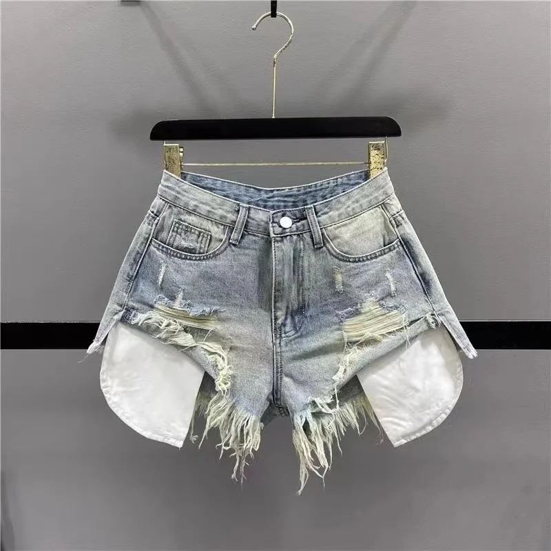 

Korean Vintage Blue Sexy Ripped Jeans for Women Patchwork A-line High-waisted Denim Ultra Shorts 2024 New