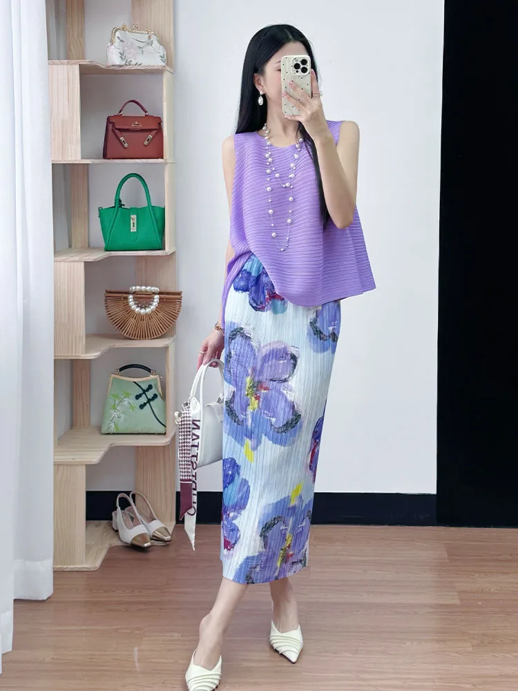 

Женская летняя юбка миди прямого кроя с фиолетовым цветочным принтом, плиссированная, с крупными цветами, красивая, средней длины