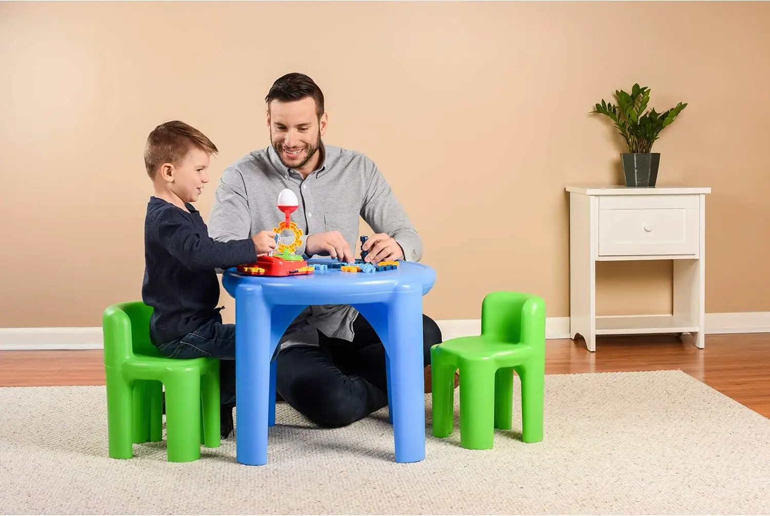 Kids Plastic Table and Chairs Set, Green Blue, Fully Assembled, Durable Easy Clean