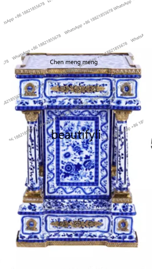 

European-style villa luxury classical art hand-painted porcelain inlaid copper pier vase rack cabinet H