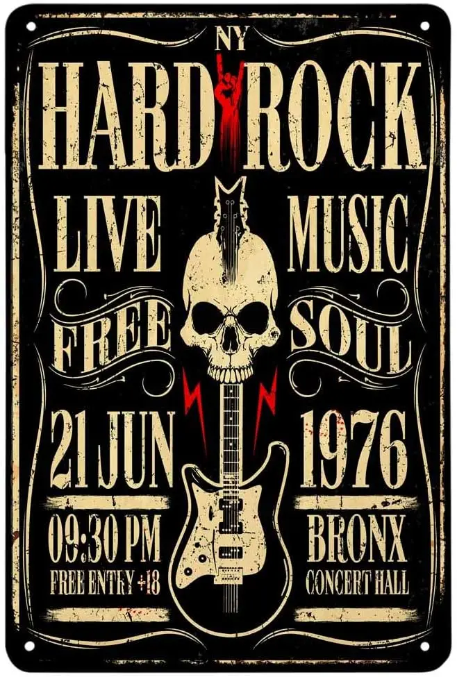 Hard Rock Poster Tin Sign,Rock Roll Music with Skull Guitar Vintage Metal Signs for Cafes Bars Pubs Shop Wall Decorative Funny